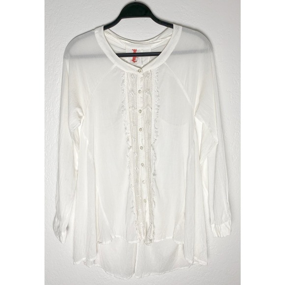 Free People Women's White Button Front Ruffle Tunic Open Back Embroider Accent - Picture 1 of 8